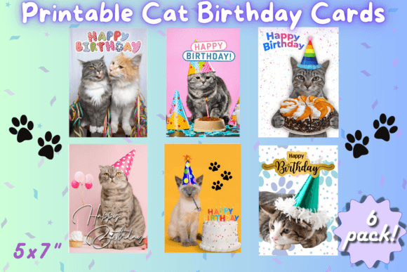 Download Printable Cat Birthday Card 6 Pack PNG's - Card Collection