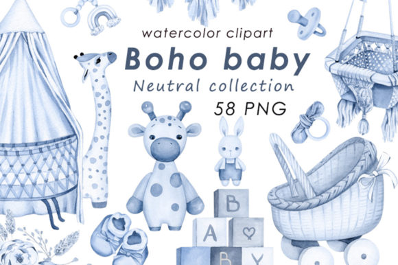 Download Baby Boy Boho Blue Watercolor Clipart - Baby boy Collection