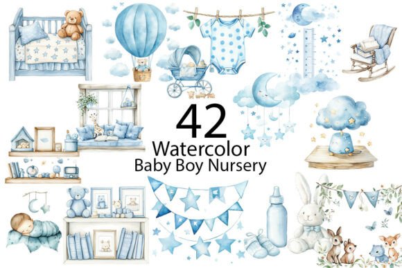 Download Baby Boy Nursery Watercolor Clipart - Baby boy Collection